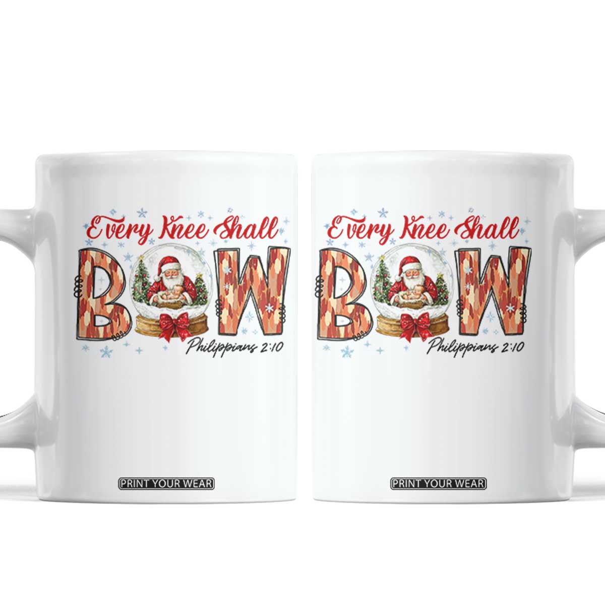 Every Knee Shall Bow Coffee Mug Santa Christmas Nativity Scene Bible Verse TS11 White Print Your Wear