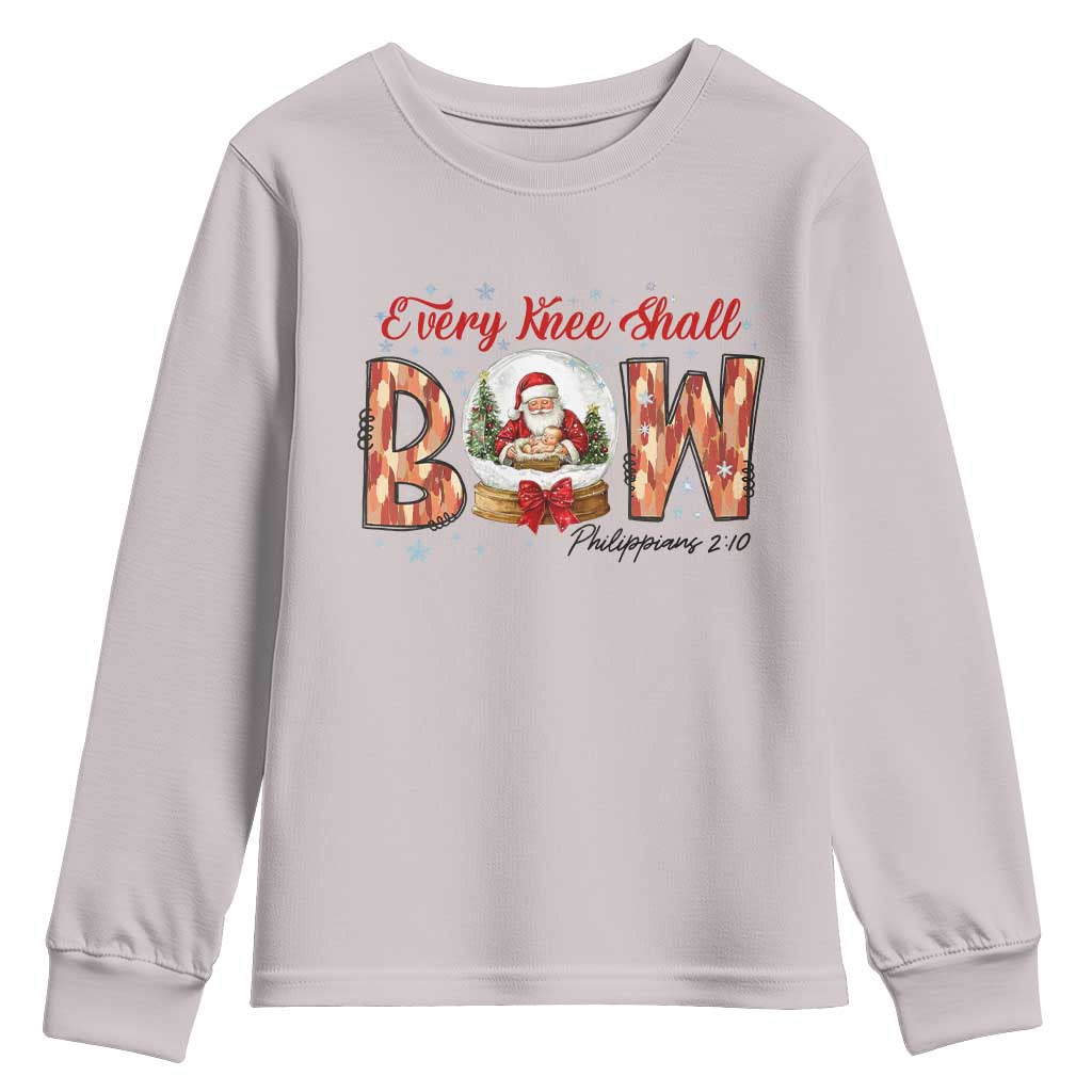 Every Knee Shall Bow Youth Sweatshirt Santa Christmas Nativity Scene Bible Verse TS11 Ice Gray Print Your Wear