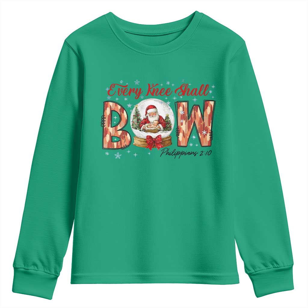 Every Knee Shall Bow Youth Sweatshirt Santa Christmas Nativity Scene Bible Verse TS11 Irish Green Print Your Wear