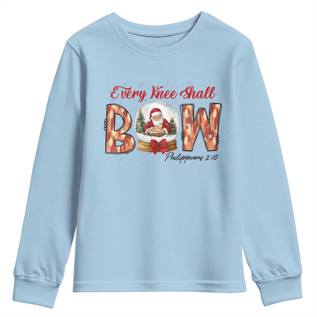 Every Knee Shall Bow Youth Sweatshirt Santa Christmas Nativity Scene Bible Verse TS11 Light Blue Print Your Wear
