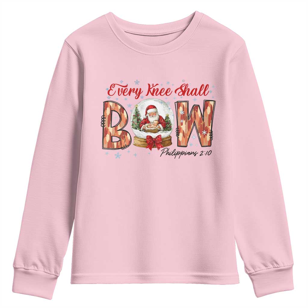 Every Knee Shall Bow Youth Sweatshirt Santa Christmas Nativity Scene Bible Verse TS11 Light Pink Print Your Wear