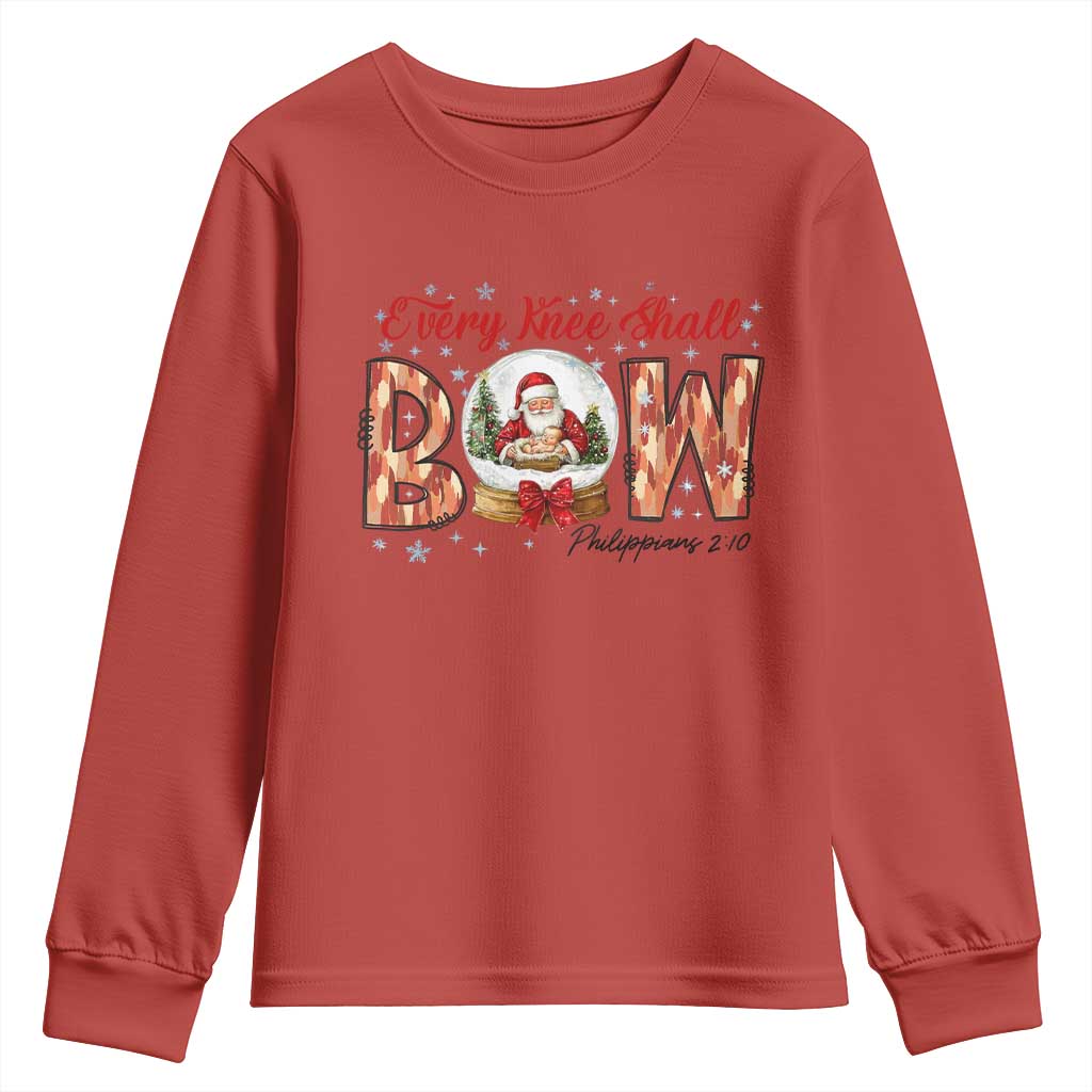 Every Knee Shall Bow Youth Sweatshirt Santa Christmas Nativity Scene Bible Verse TS11 Red Print Your Wear