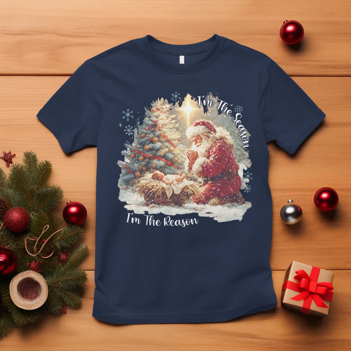 Christian Christmas T Shirt Jesus I Am The Reason Santa I Am The Season TS11 Navy Print Your Wear