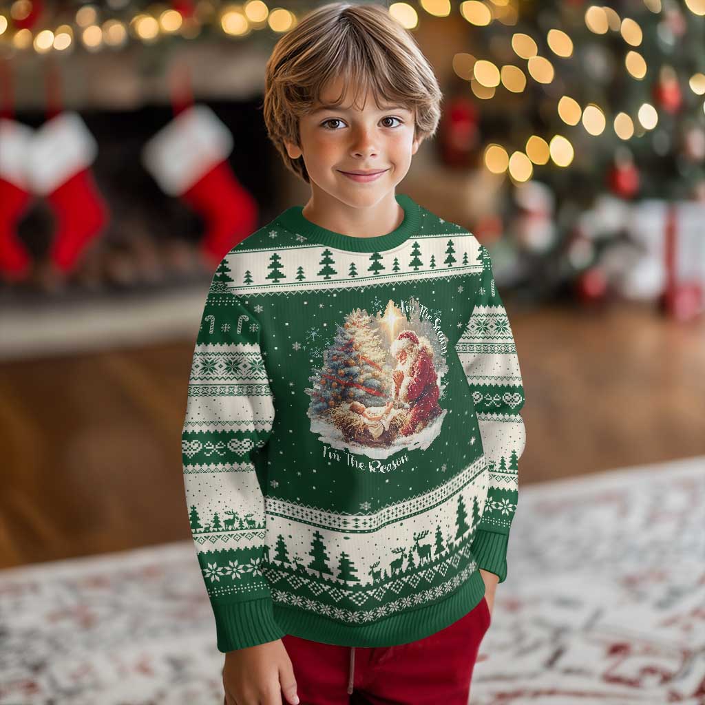 Christian Christmas Ugly Christmas Sweater Jesus I Am The Reason Santa I Am The Season TS11 Forest Green Beige Print Your Wear