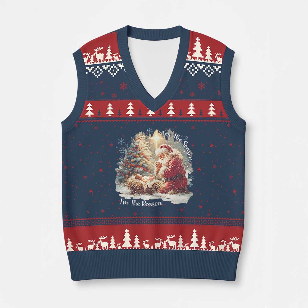 Christian Christmas V-Neck Knit Sweater Vest Jesus I Am The Reason Santa I Am The Season TS11 Navy Red Print Your Wear