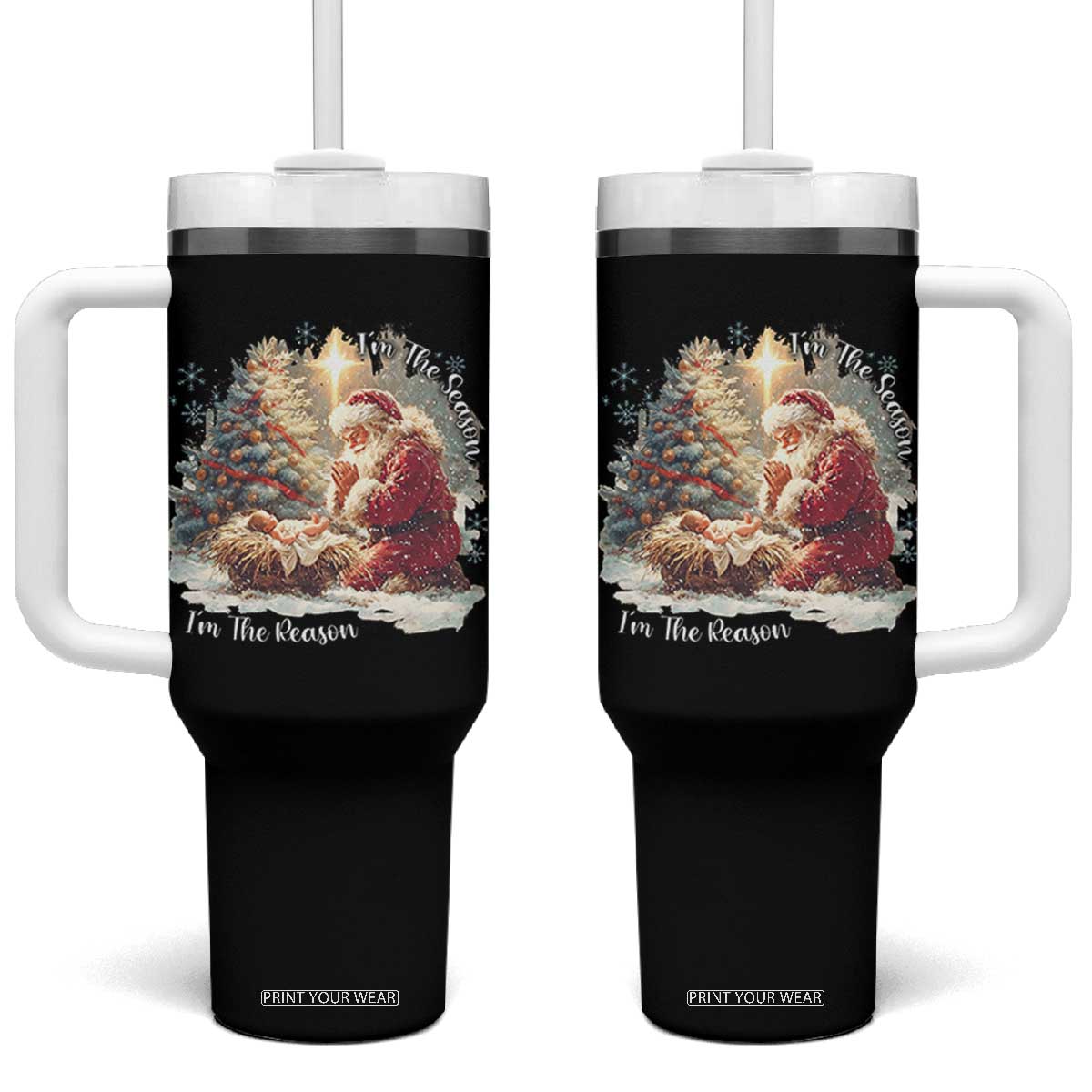 Christian Christmas Tumbler With Handle Jesus I Am The Reason Santa I Am The Season TS11 One Size: 40 oz Black Print Your Wear