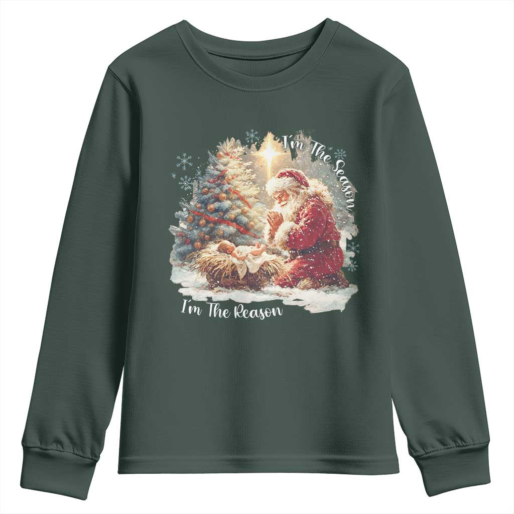 Christian Christmas Youth Sweatshirt Jesus I Am The Reason Santa I Am The Season TS11 Dark Forest Green Print Your Wear