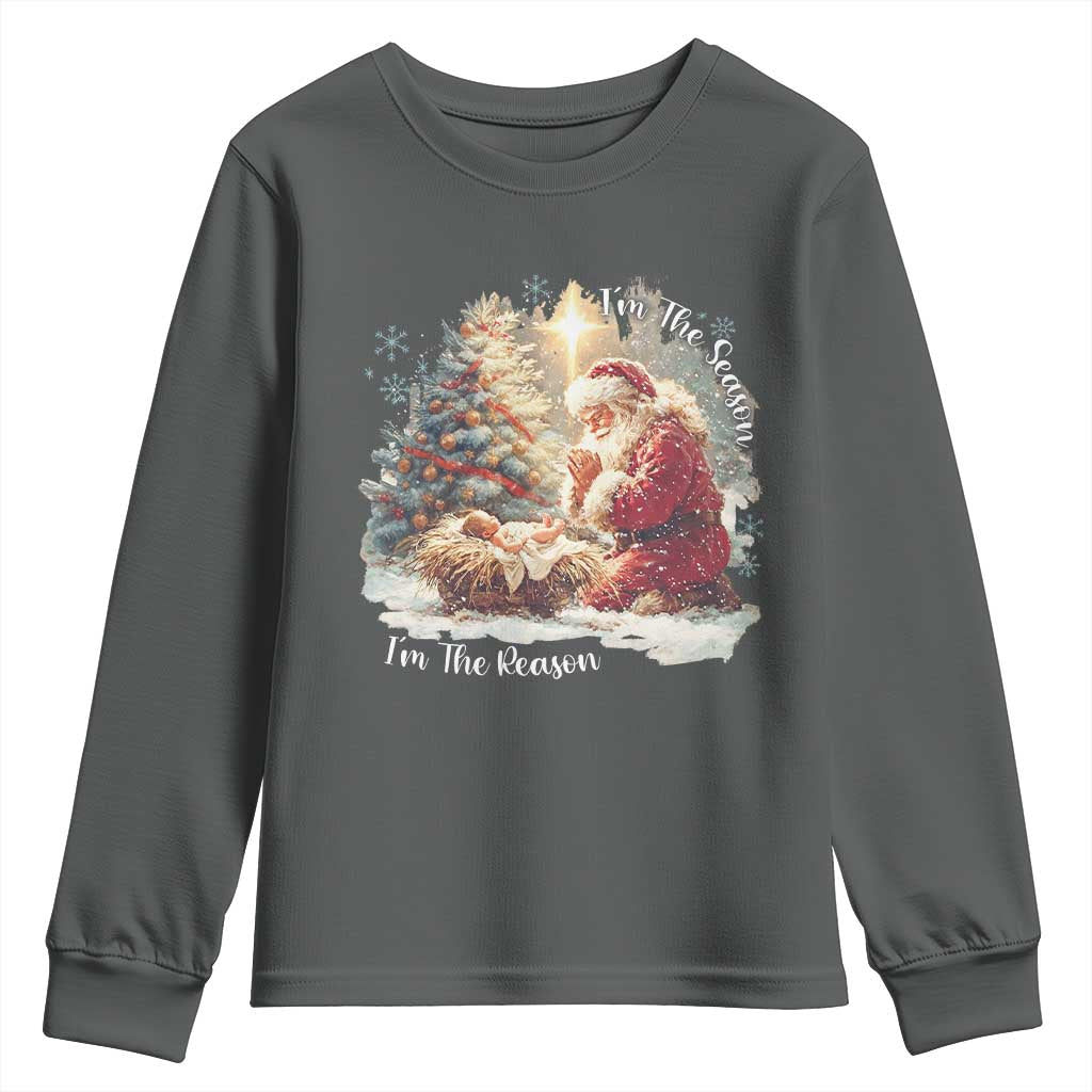 Christian Christmas Youth Sweatshirt Jesus I Am The Reason Santa I Am The Season TS11 Dark Heather Print Your Wear