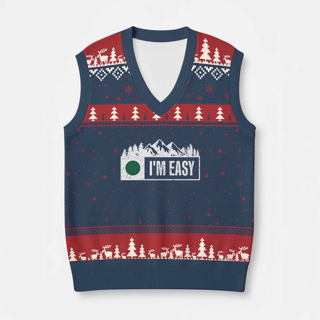 Funny Snowboard Ski V-Neck Knit Sweater Vest I'm Easy Mountain Sign Retro Vintage TS11 Navy Red Print Your Wear