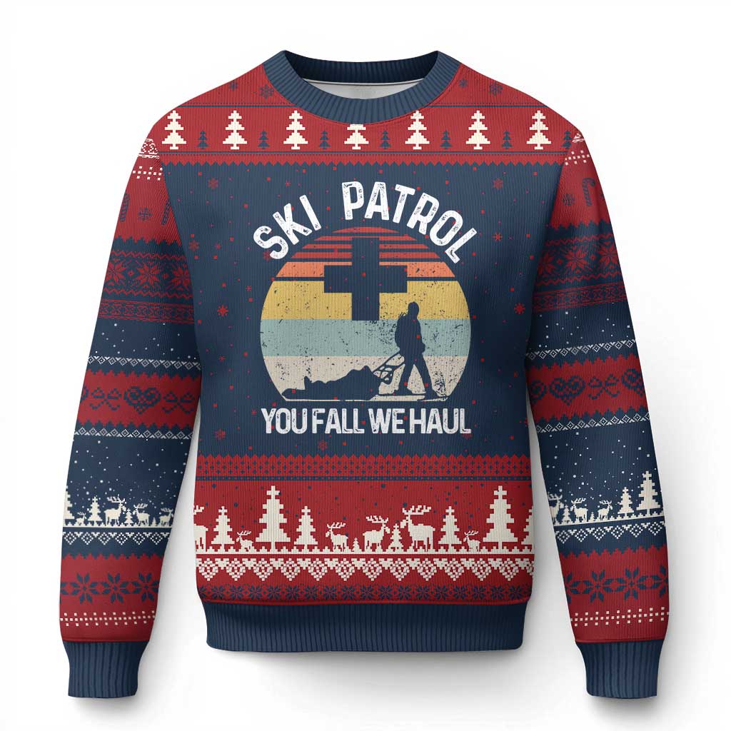 Ski Patrol You Fall We Haul Ugly Christmas Sweater Funny Skiing Skier Winter Sport TS11 Navy Red Print Your Wear