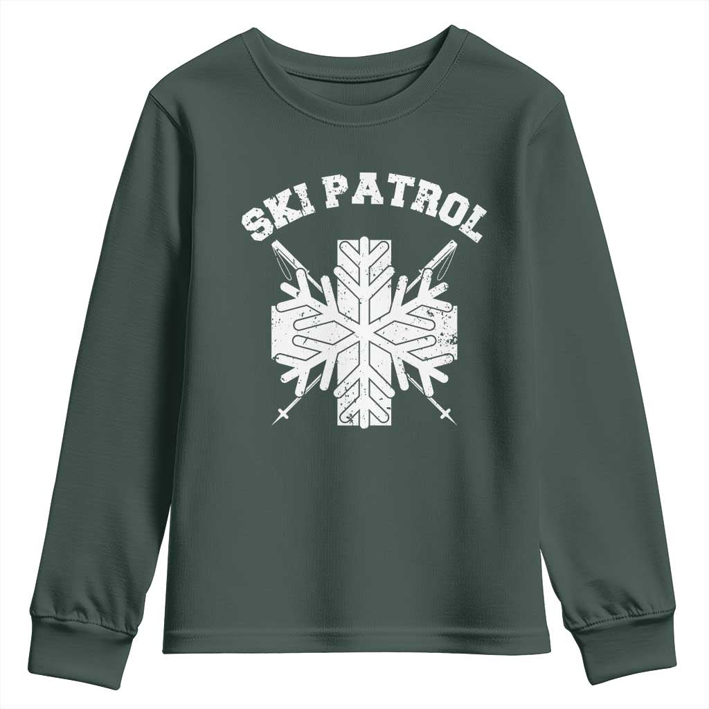 Ski Patrol Youth Sweatshirt Mountain Rescue Winter Slopes Skiing Snowboarding TS11 Dark Forest Green Print Your Wear