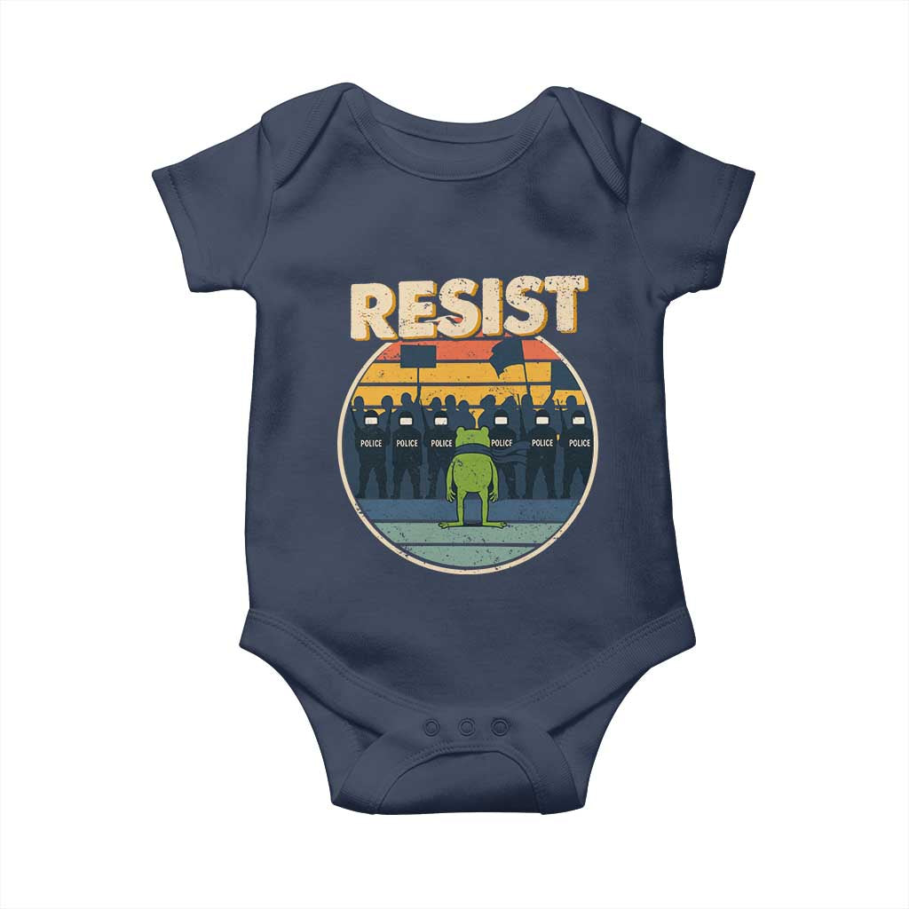 Frog Resist Baby Onesie Portland Frog Activist Protest Retro Sunset TS11 Navy Print Your Wear