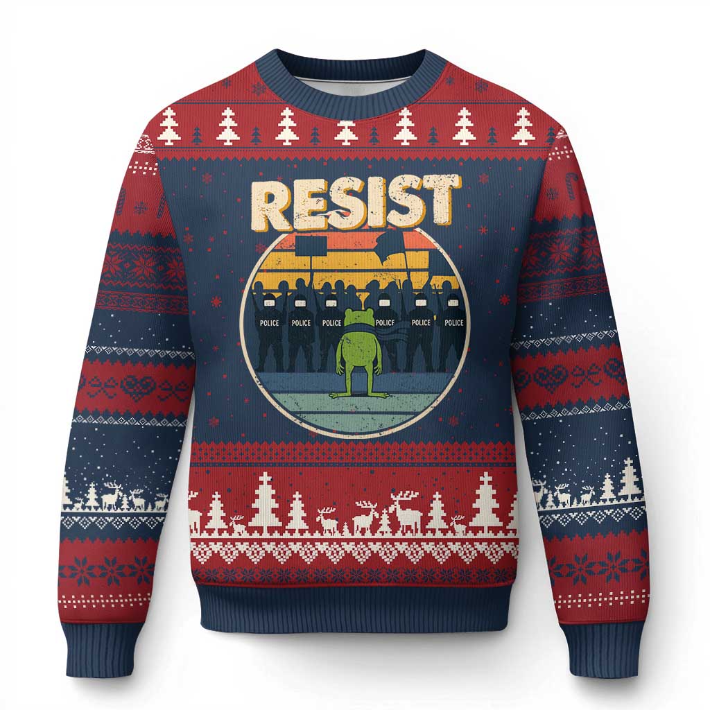 Frog Resist Ugly Christmas Sweater Portland Frog Activist Protest Retro Sunset TS11 Navy Red Print Your Wear