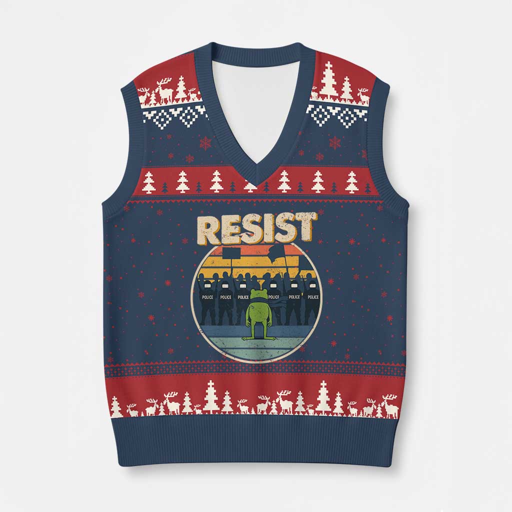 Frog Resist V-Neck Knit Sweater Vest Portland Frog Activist Protest Retro Sunset TS11 Navy Red Print Your Wear