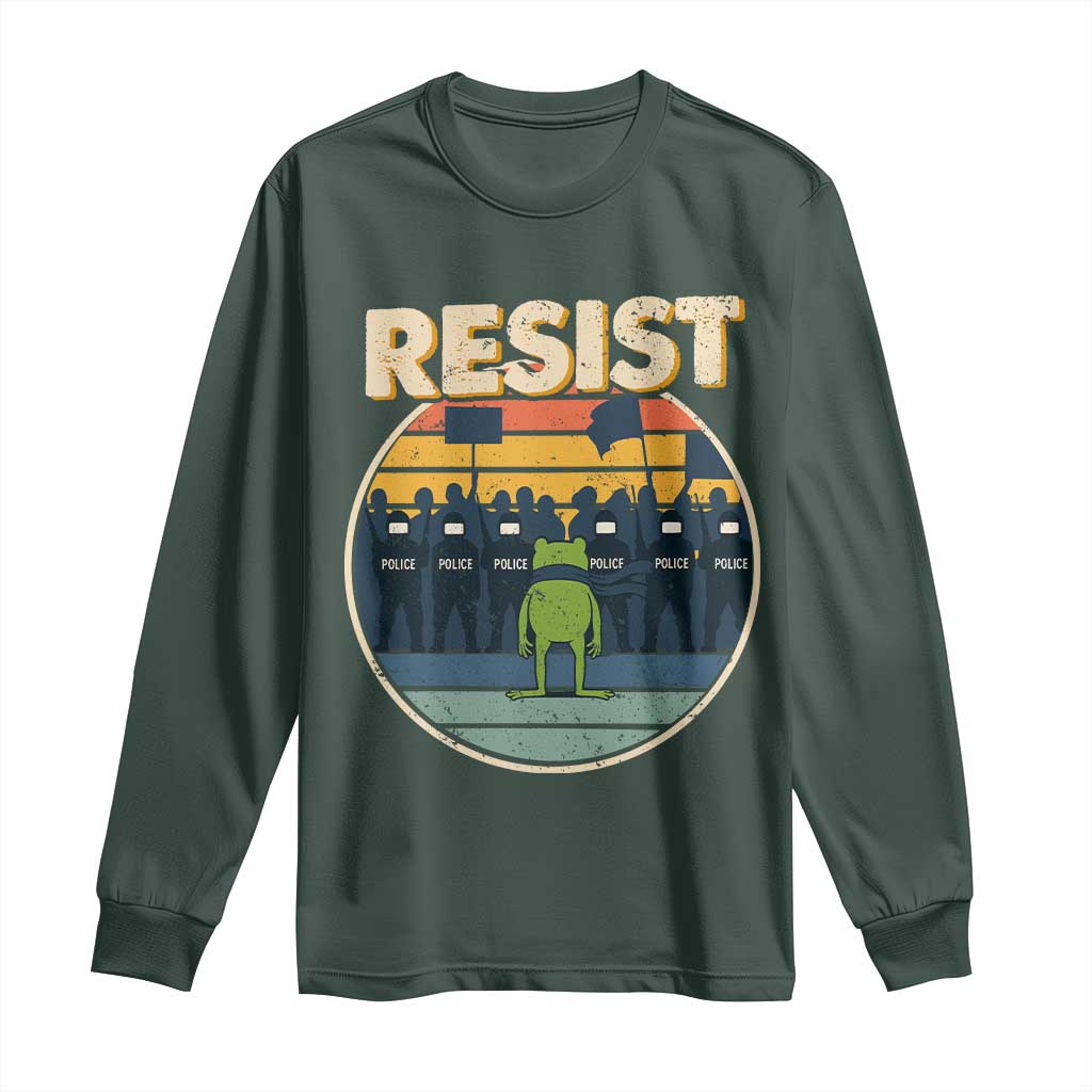 Frog Resist Long Sleeve Shirt Portland Frog Activist Protest Retro Sunset TS11 Dark Forest Green Print Your Wear