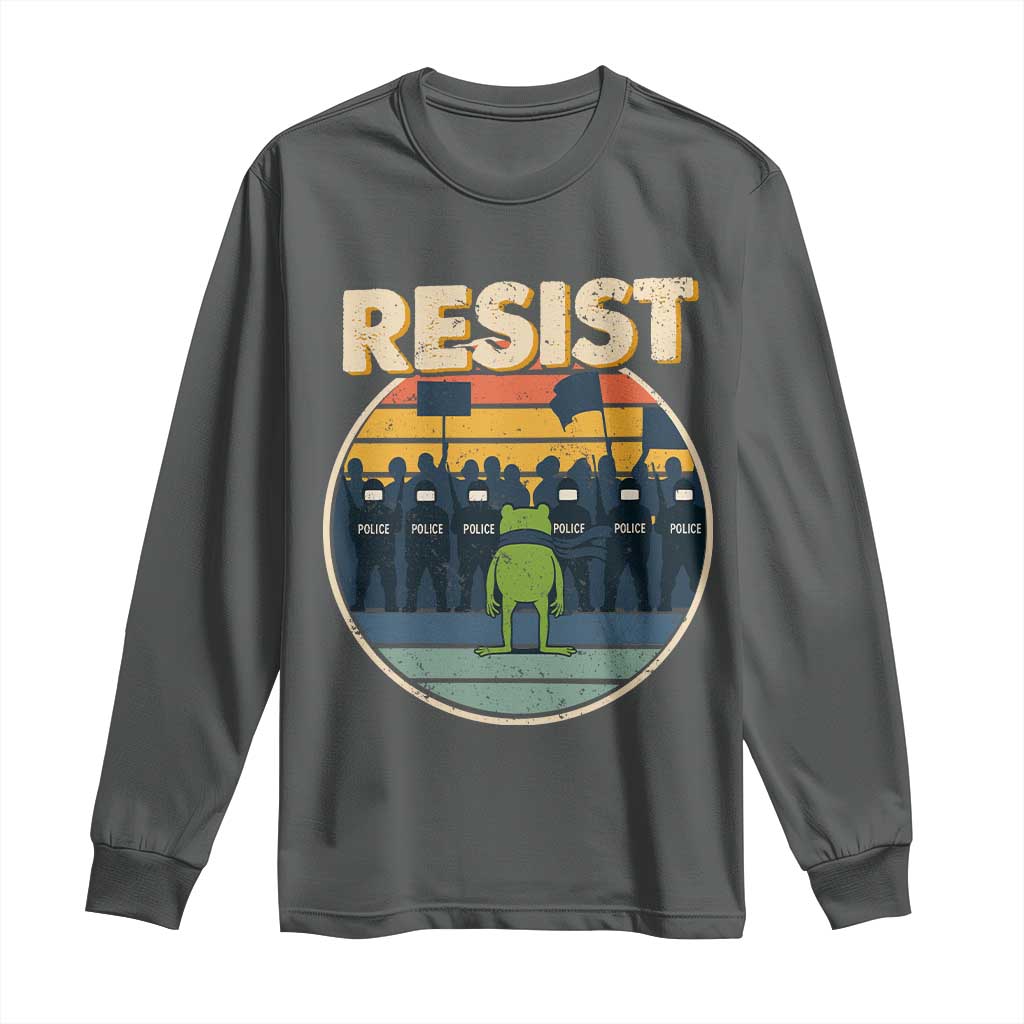 Frog Resist Long Sleeve Shirt Portland Frog Activist Protest Retro Sunset TS11 Dark Heather Print Your Wear