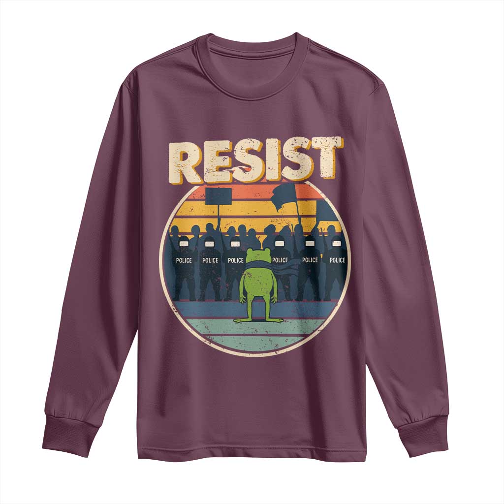 Frog Resist Long Sleeve Shirt Portland Frog Activist Protest Retro Sunset TS11 Maroon Print Your Wear