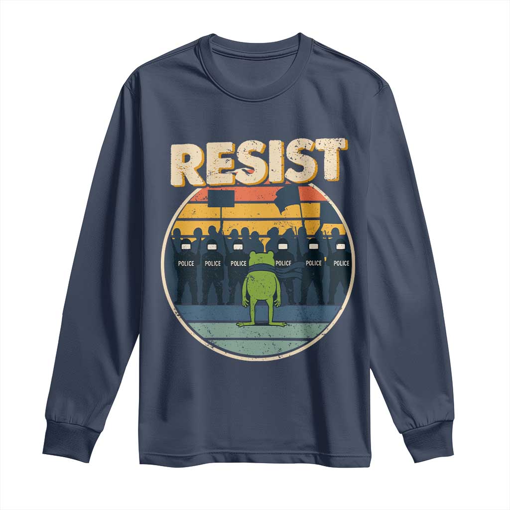 Frog Resist Long Sleeve Shirt Portland Frog Activist Protest Retro Sunset TS11 Navy Print Your Wear
