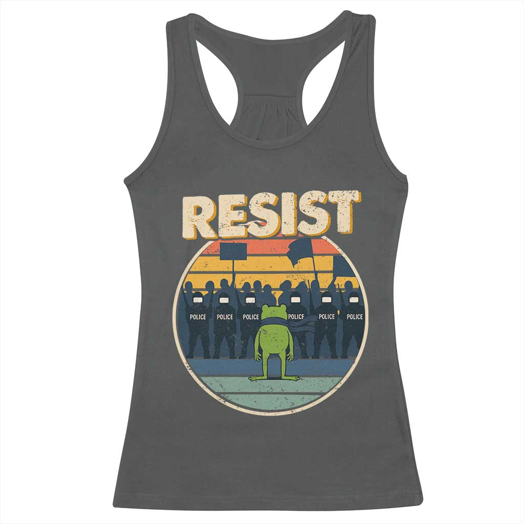 Frog Resist Racerback Tank Top Portland Frog Activist Protest Retro Sunset TS11 Dark Heather Print Your Wear