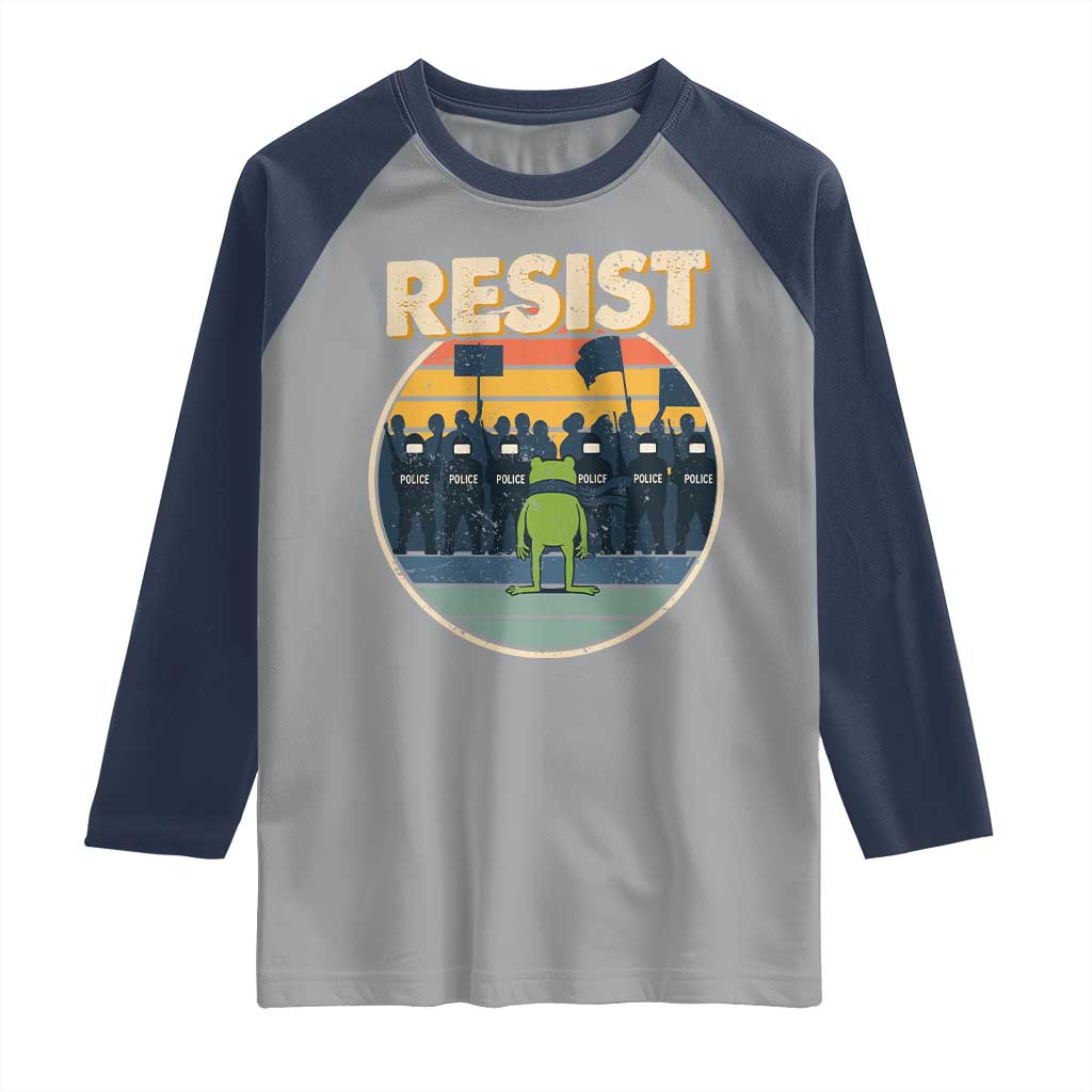 Frog Resist Raglan Shirt Portland Frog Activist Protest Retro Sunset TS11 Sport Gray Navy Print Your Wear