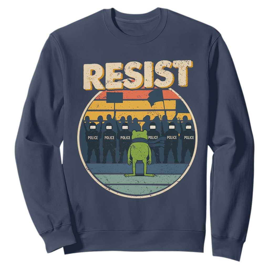 Frog Resist Sweatshirt Portland Frog Activist Protest Retro Sunset TS11 Navy Print Your Wear