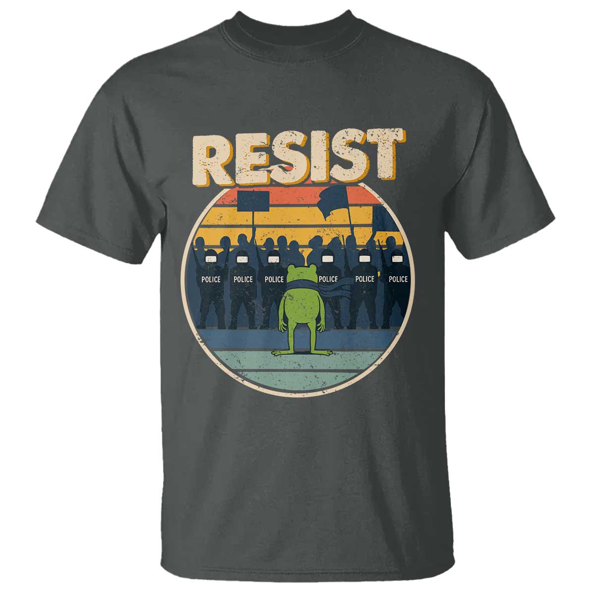 Frog Resist T Shirt Portland Frog Activist Protest Retro Sunset TS11 Dark Heather Print Your Wear