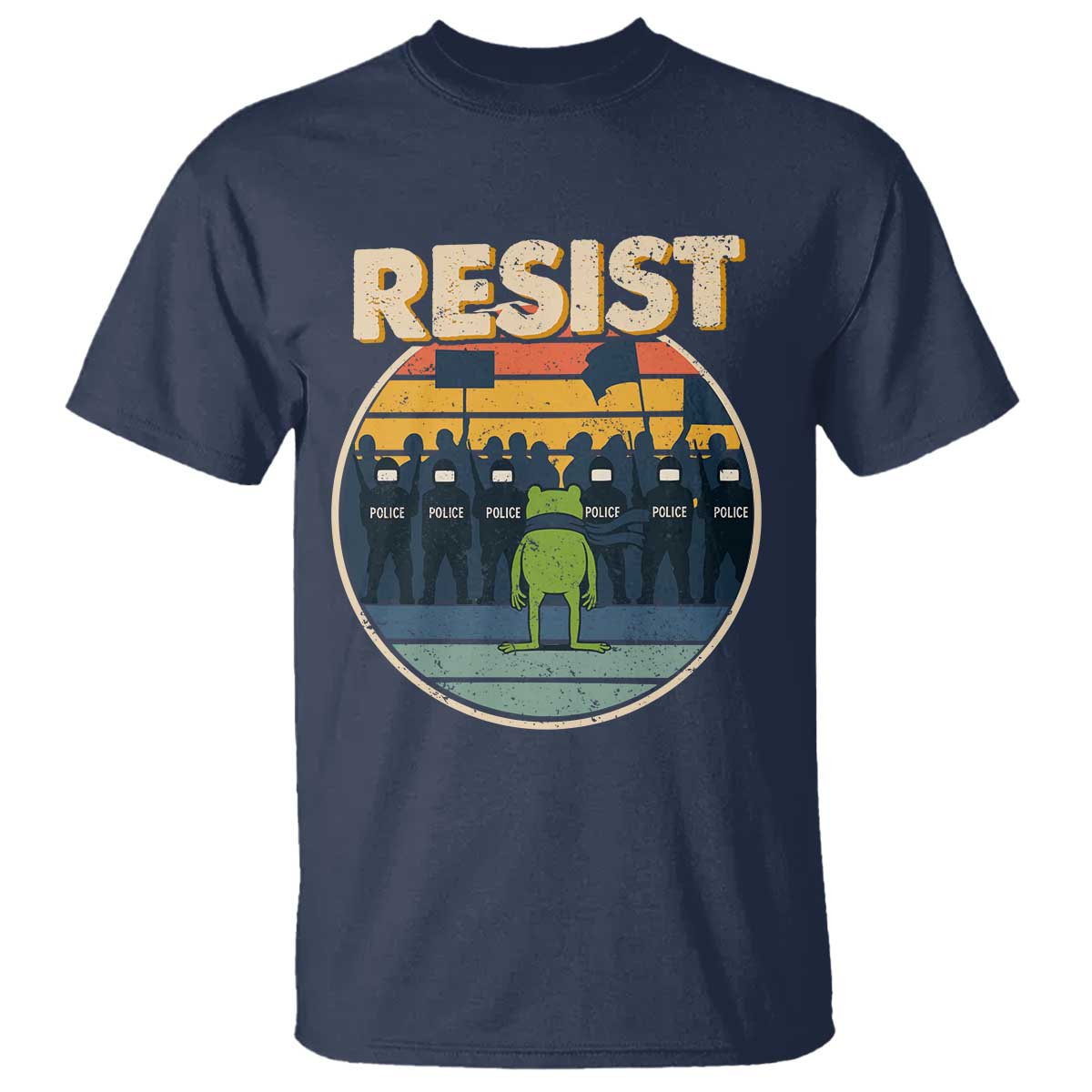 Frog Resist T Shirt Portland Frog Activist Protest Retro Sunset TS11 Navy Print Your Wear