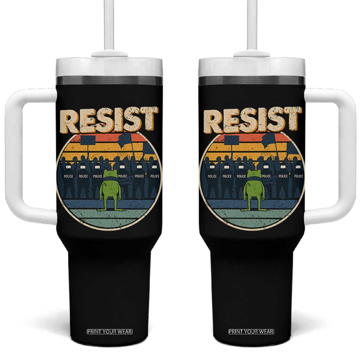 Frog Resist Tumbler With Handle Portland Frog Activist Protest Retro Sunset TS11 One Size: 40 oz Black Print Your Wear
