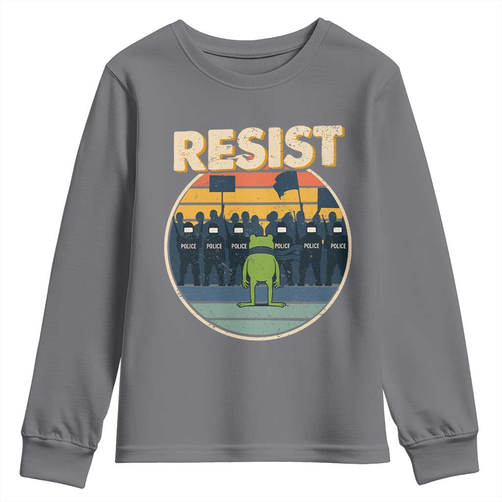 Frog Resist Youth Sweatshirt Portland Frog Activist Protest Retro Sunset TS11 Charcoal Print Your Wear