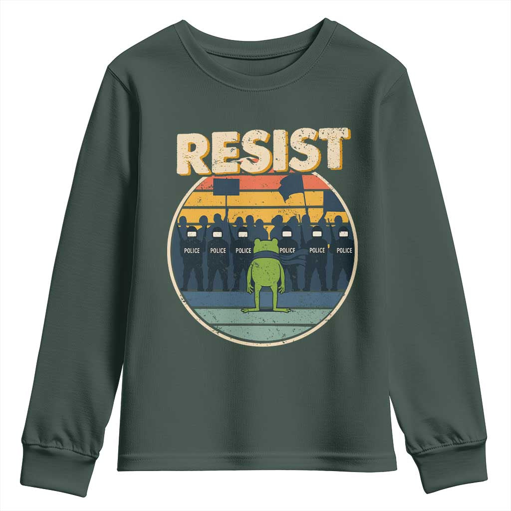 Frog Resist Youth Sweatshirt Portland Frog Activist Protest Retro Sunset TS11 Dark Forest Green Print Your Wear