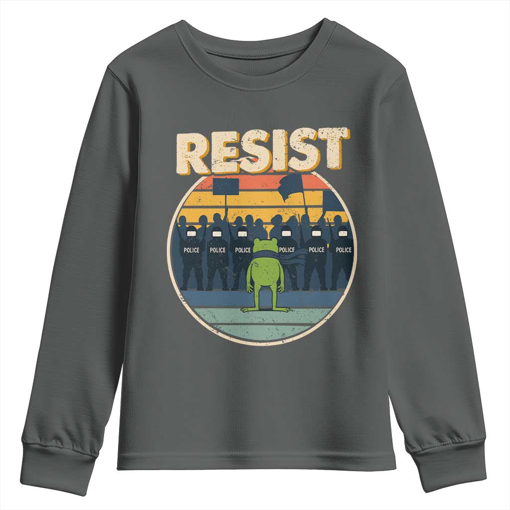 Frog Resist Youth Sweatshirt Portland Frog Activist Protest Retro Sunset TS11 Dark Heather Print Your Wear