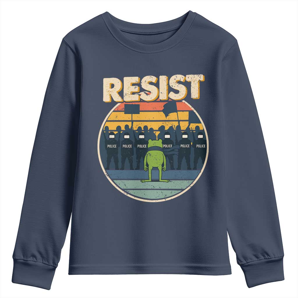 Frog Resist Youth Sweatshirt Portland Frog Activist Protest Retro Sunset TS11 Navy Print Your Wear