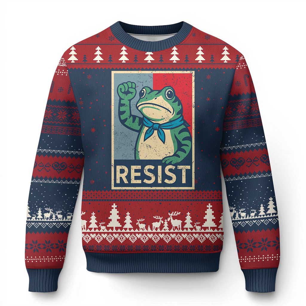 Frog Resist Ugly Christmas Sweater Portland Frog Raised Fist Poster Graphic TS11 Navy Red Print Your Wear