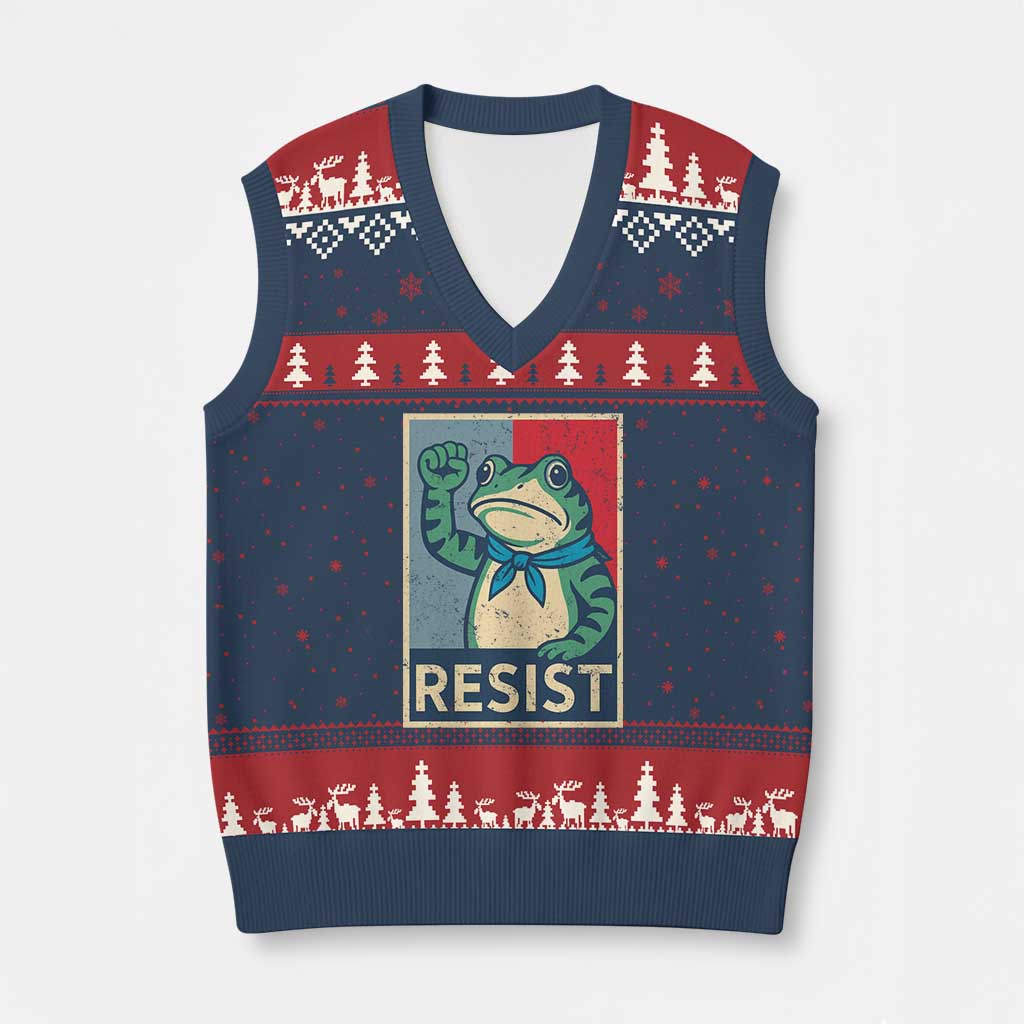 Frog Resist V-Neck Knit Sweater Vest Portland Frog Raised Fist Poster Graphic TS11 Navy Red Print Your Wear