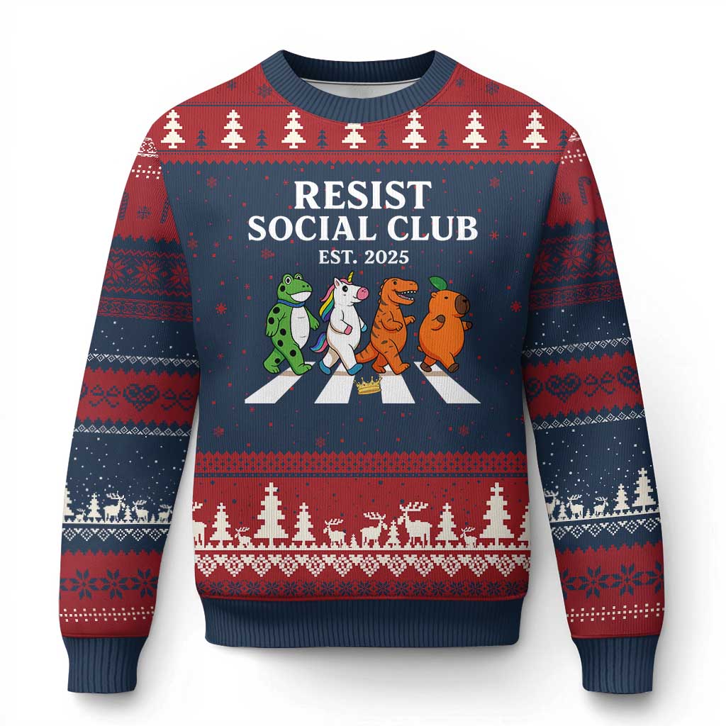 Resist Social Club 2025 Ugly Christmas Sweater Portland Frog Animals Mascot Walking TS11 Navy Red Print Your Wear