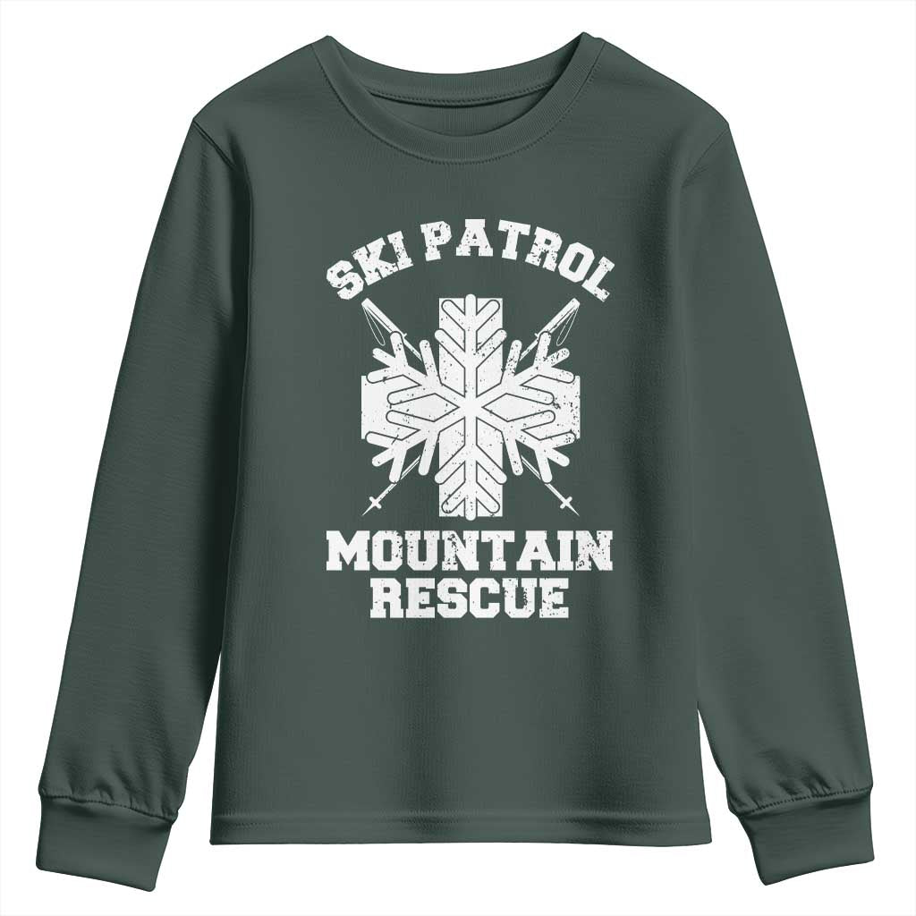 Ski Patrol Mountain Rescue Youth Sweatshirt Winter Slopes Skiing Snowboarding Snowflake TS11 Dark Forest Green Print Your Wear