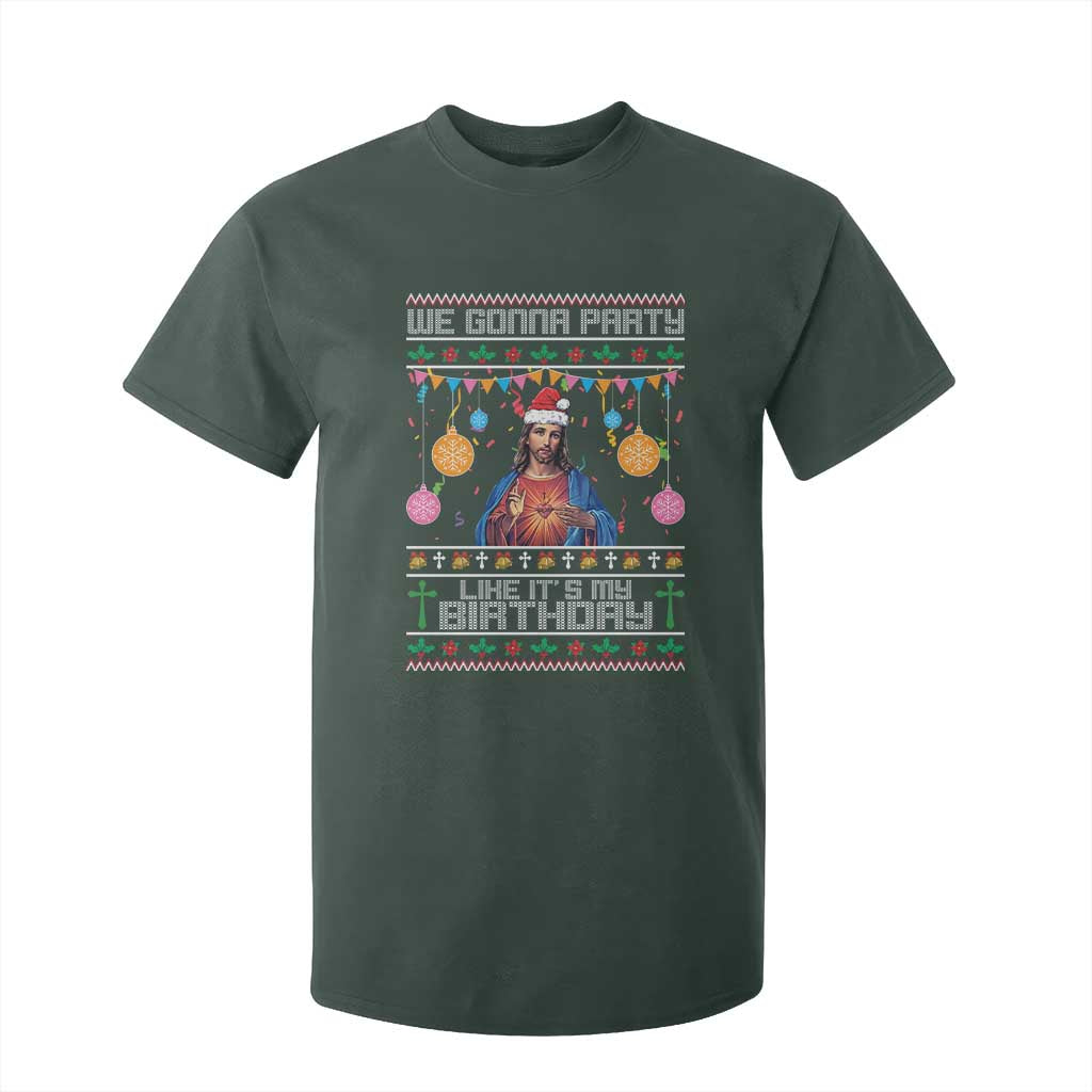 Funny Jesus Christmas T Shirt For Kid We Gonna Party Like It's My Birthday Christian Xmas TS11 Dark Forest Green Print Your Wear