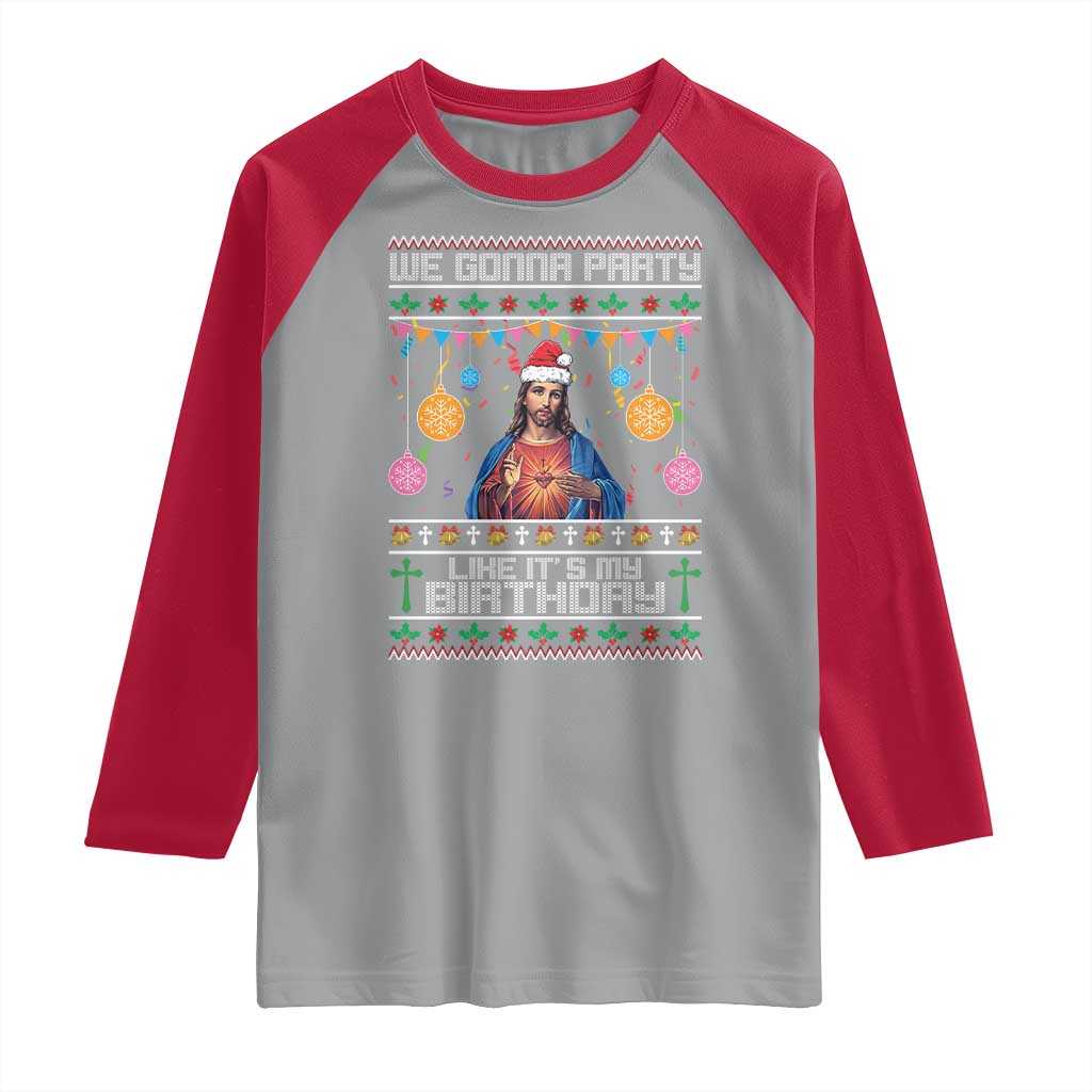 Funny Jesus Christmas Raglan Shirt We Gonna Party Like It's My Birthday Christian Xmas TS11 Sport Gray Red Print Your Wear