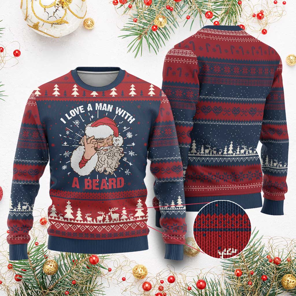 Funny Christmas Santa Ugly Christmas Sweater I Love A Man With A Beard Snowflake TS11 Burgundy Print Your Wear