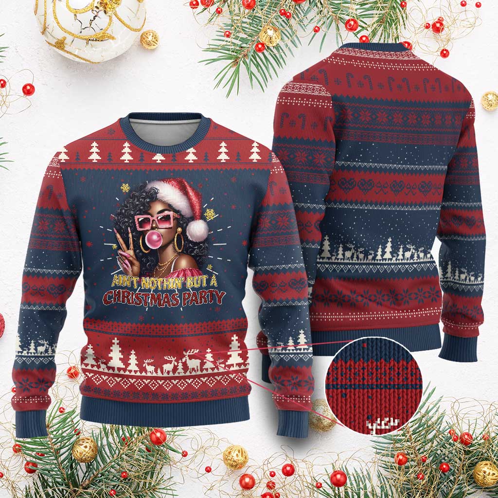 Funny African American Xmas Ugly Christmas Sweater Ain't Nothin' But A Christmas Party Black Melanin Santa Girl TS11 Burgundy Print Your Wear