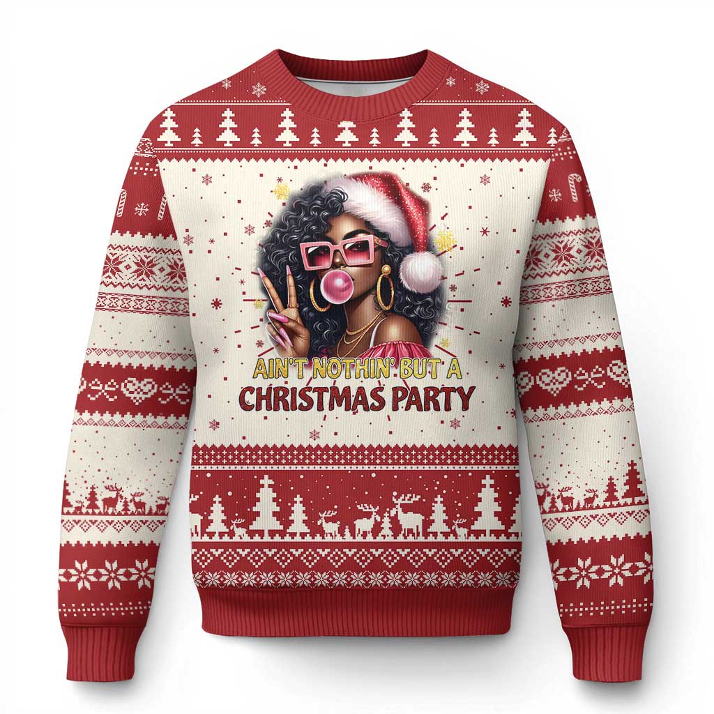 Funny African American Xmas Ugly Christmas Sweater Ain't Nothin' But A Christmas Party Black Melanin Santa Girl TS11 Red Print Your Wear