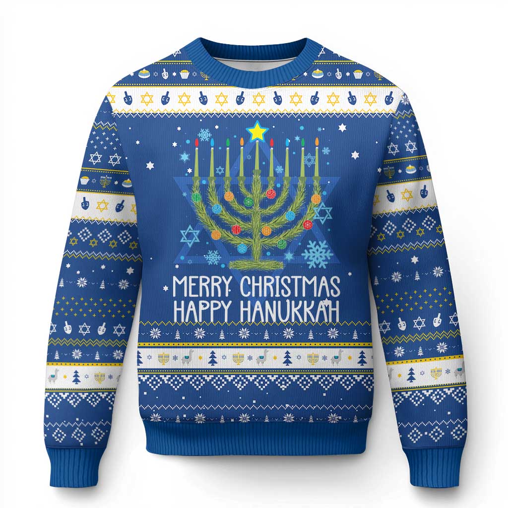 Funny Chrismukkah Hanukkah Ugly Sweater Merry Christmas Happy Chanukah Christmas Tree Jewish Menorah TS11 Blue White Print Your Wear
