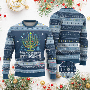 Funny Chrismukkah Hanukkah Ugly Sweater Merry Christmas Happy Chanukah Christmas Tree Jewish Menorah TS11 Navy Light Blue Print Your Wear