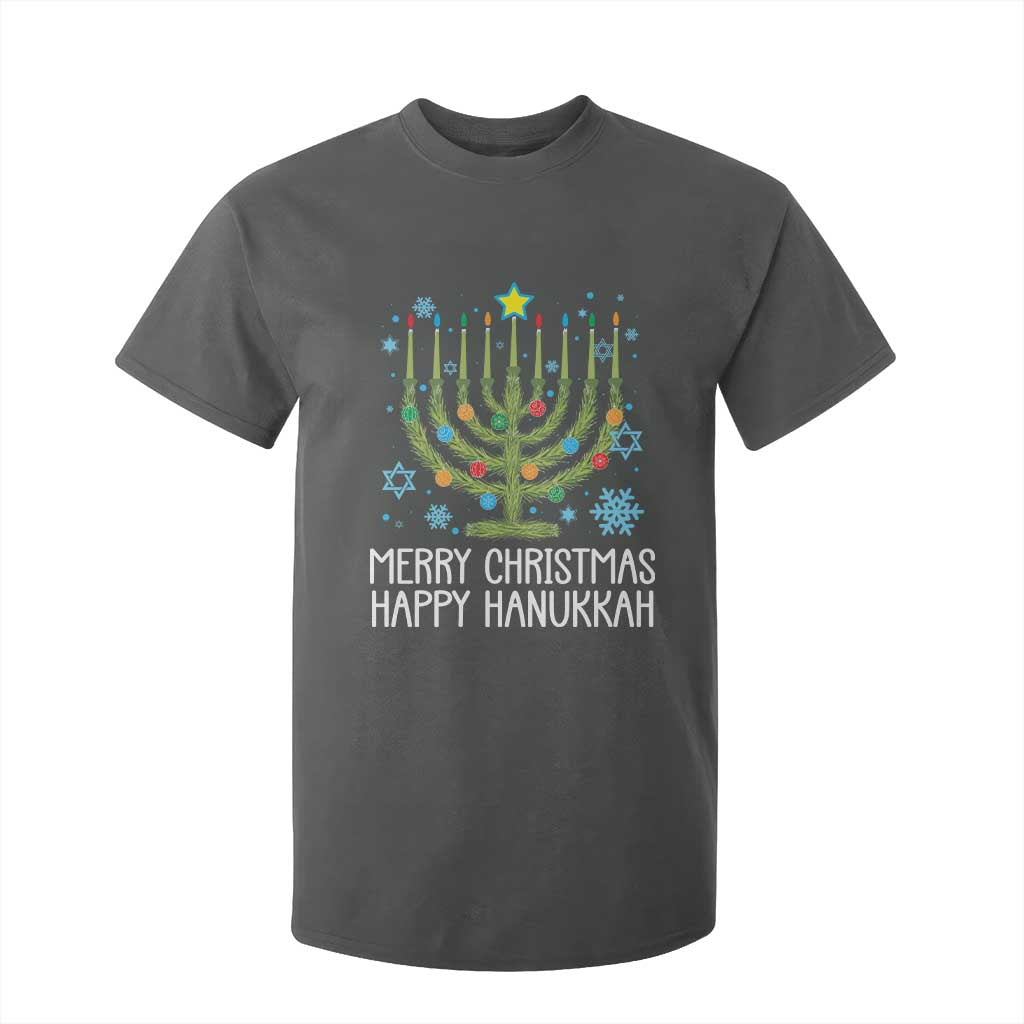 Funny Chrismukkah T Shirt For Kid Merry Christmas Happy Hanukkah Christmas Tree Jewish Menorah TS11 Dark Heather Print Your Wear