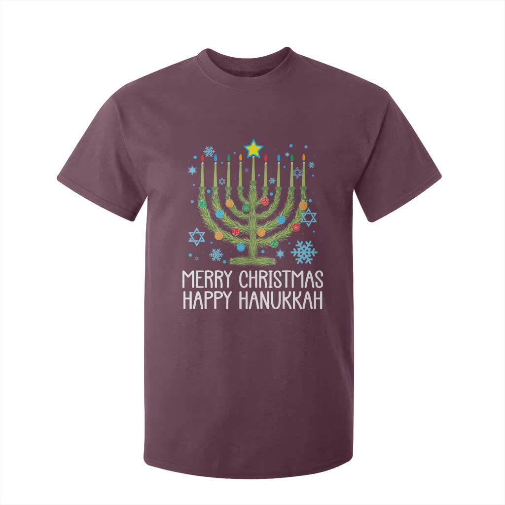 Funny Chrismukkah T Shirt For Kid Merry Christmas Happy Hanukkah Christmas Tree Jewish Menorah TS11 Maroon Print Your Wear