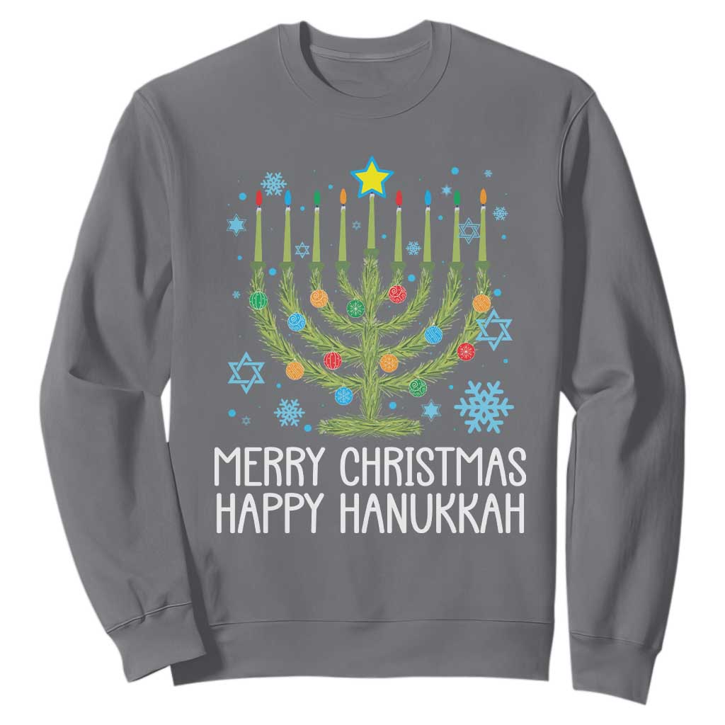 Funny Chrismukkah Sweatshirt Merry Christmas Happy Hanukkah Christmas Tree Jewish Menorah TS11 Charcoal Print Your Wear
