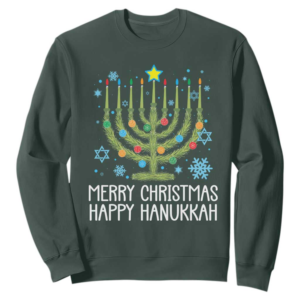 Funny Chrismukkah Sweatshirt Merry Christmas Happy Hanukkah Christmas Tree Jewish Menorah TS11 Dark Forest Green Print Your Wear