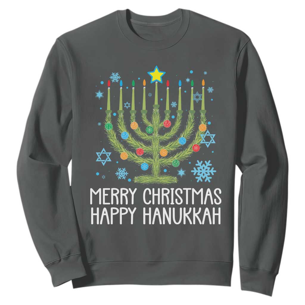 Funny Chrismukkah Sweatshirt Merry Christmas Happy Hanukkah Christmas Tree Jewish Menorah TS11 Dark Heather Print Your Wear