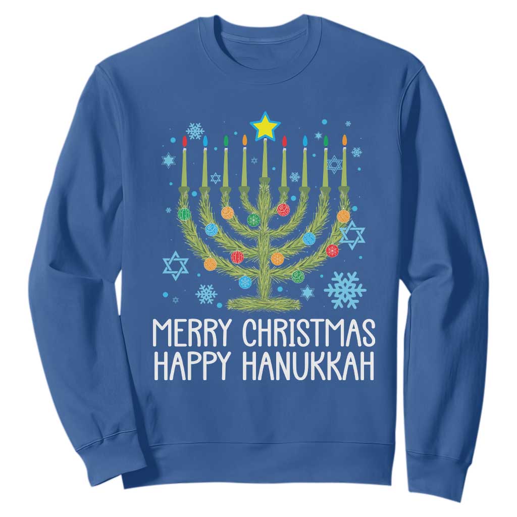 Funny Chrismukkah Sweatshirt Merry Christmas Happy Hanukkah Christmas Tree Jewish Menorah TS11 Royal Blue Print Your Wear