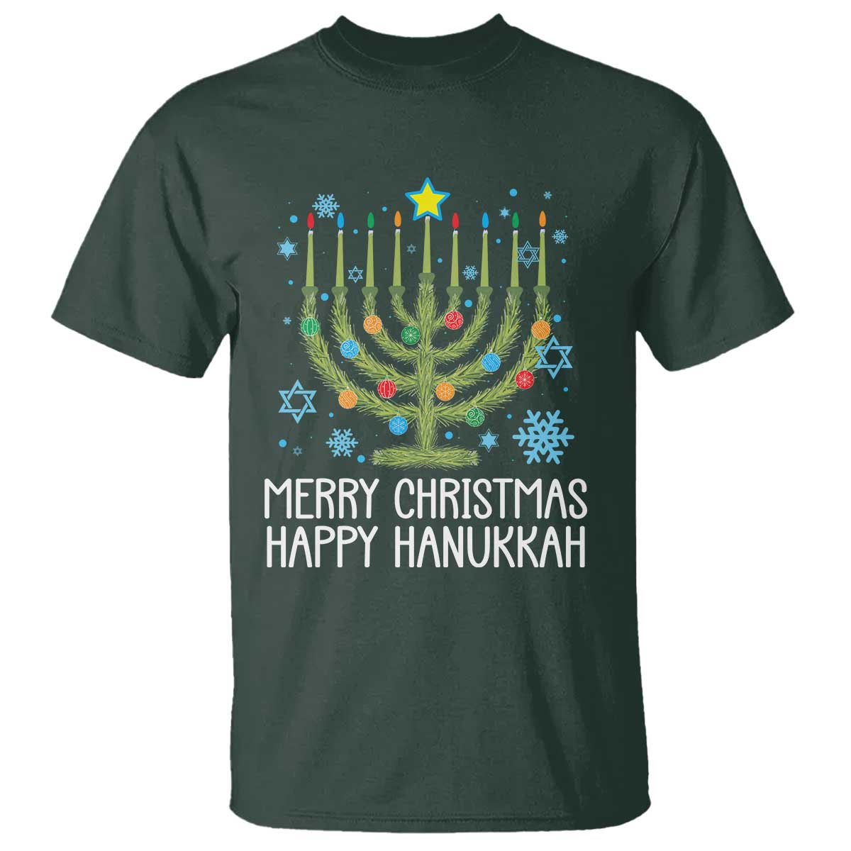 Funny Chrismukkah T Shirt Merry Christmas Happy Hanukkah Christmas Tree Jewish Menorah TS11 Dark Forest Green Print Your Wear